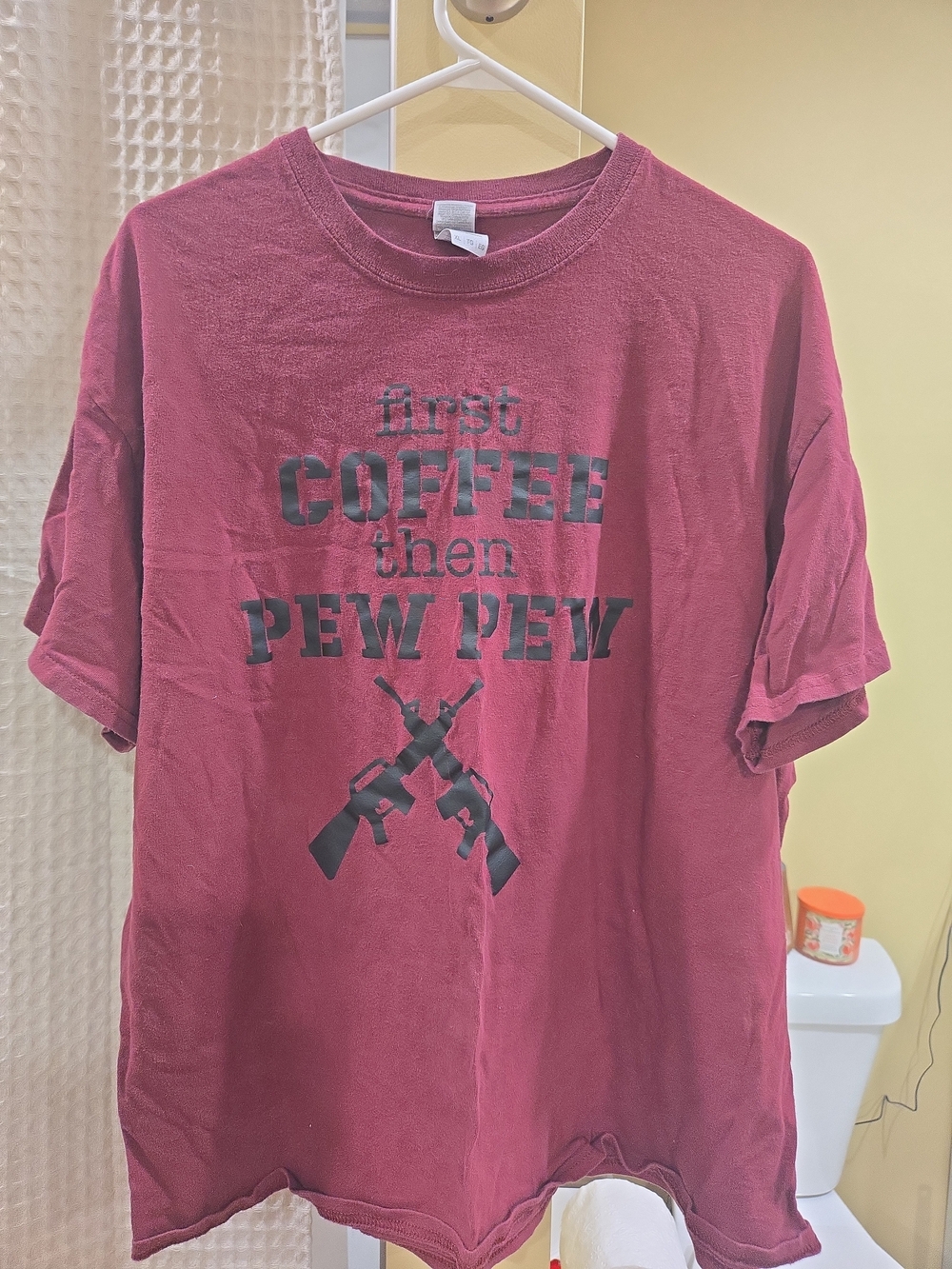 Maroon Graphic Tee "First Coffee Then Pew Pew" XL Gamer Girl Boy Mom Fortnite